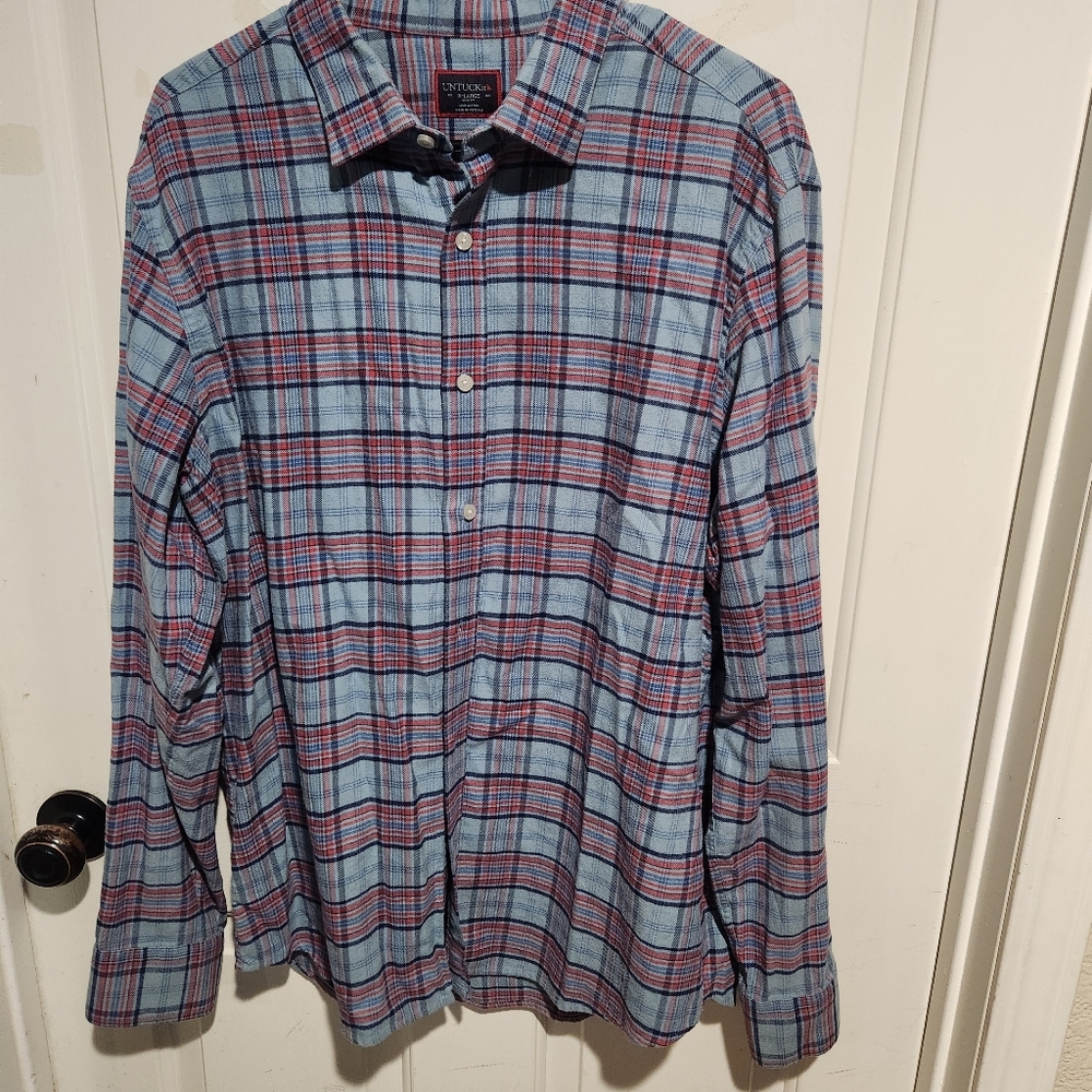 Untuckit Mens Plaid Long Sleeve Button Shirt Blue Casual Office XL